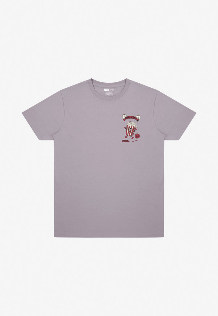 Dusty purple t-shirt with popcorn graphic on left chest 