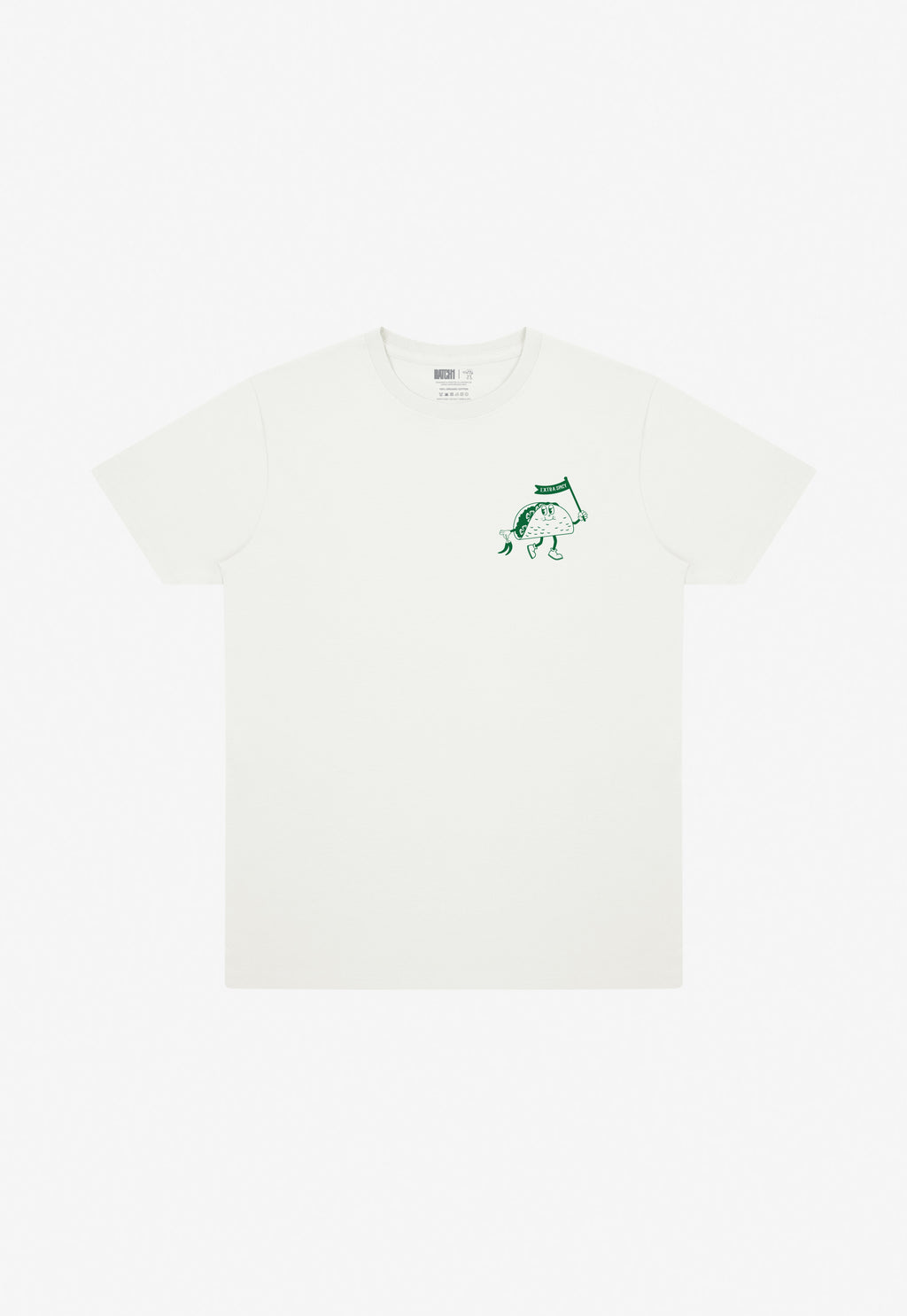 Off white t-shirt with a left chest taco character in green holding flag saying extra spicy