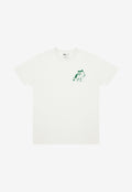 Off white t-shirt with a left chest taco character in green holding flag saying extra spicy