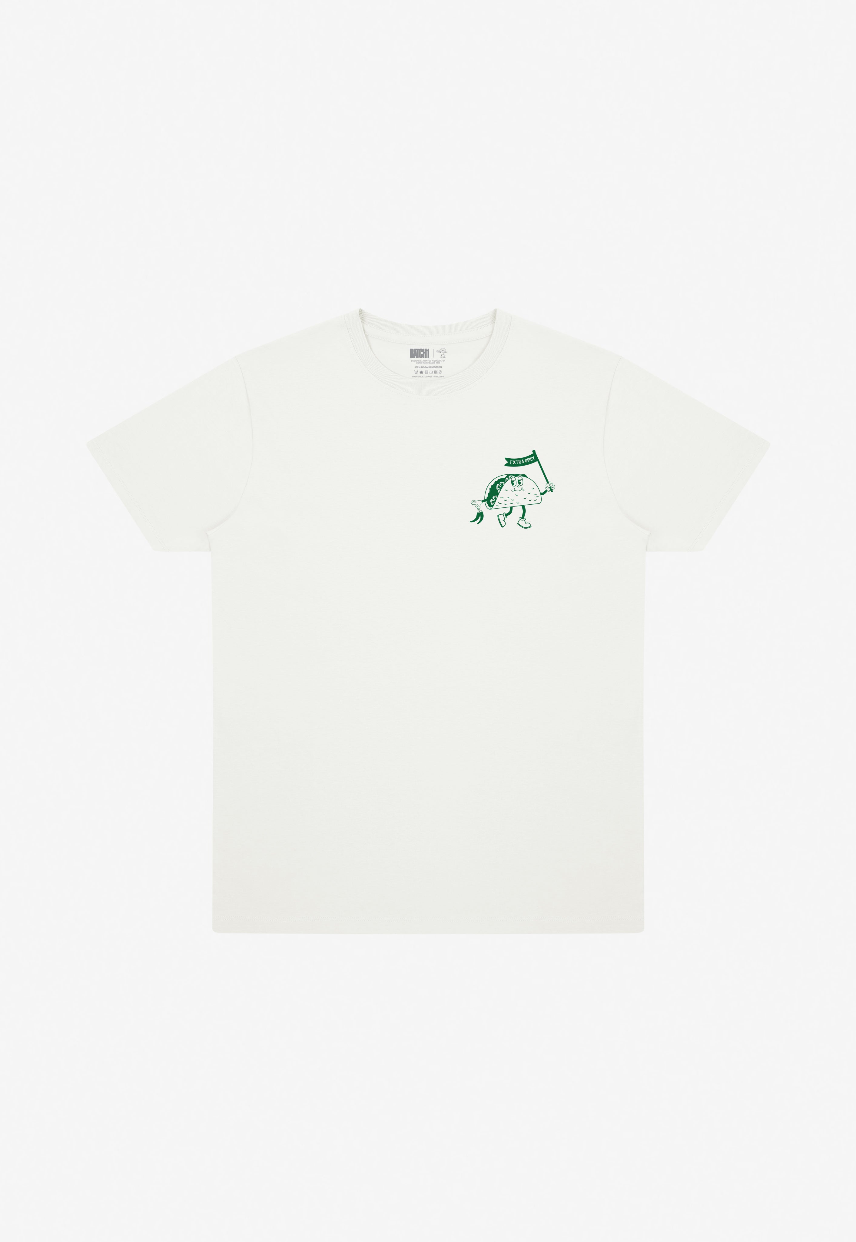 Off white t-shirt with a left chest taco character in green holding flag saying extra spicy
