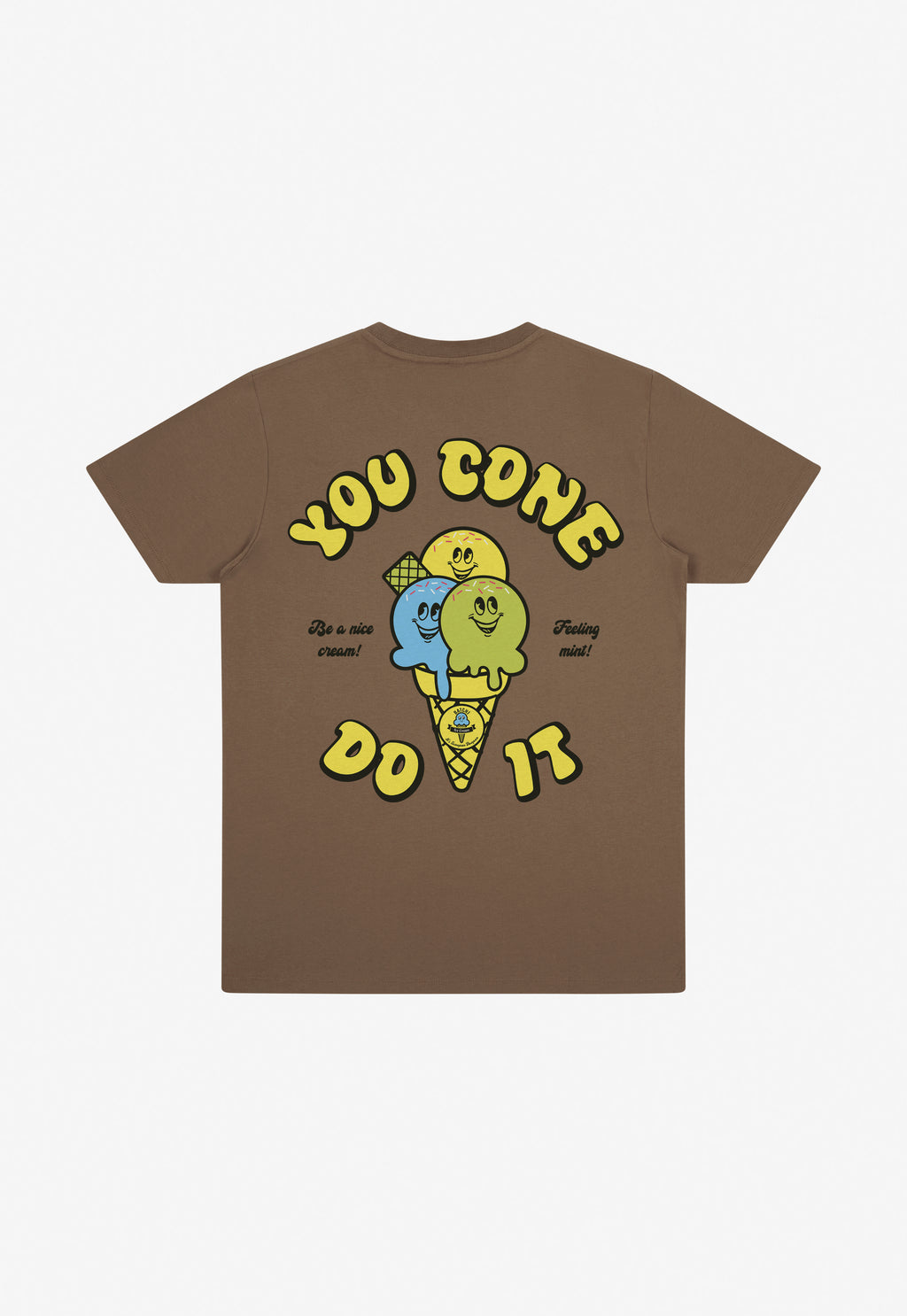 Brown t-shirt with colourful ice cream graphic design on a white background