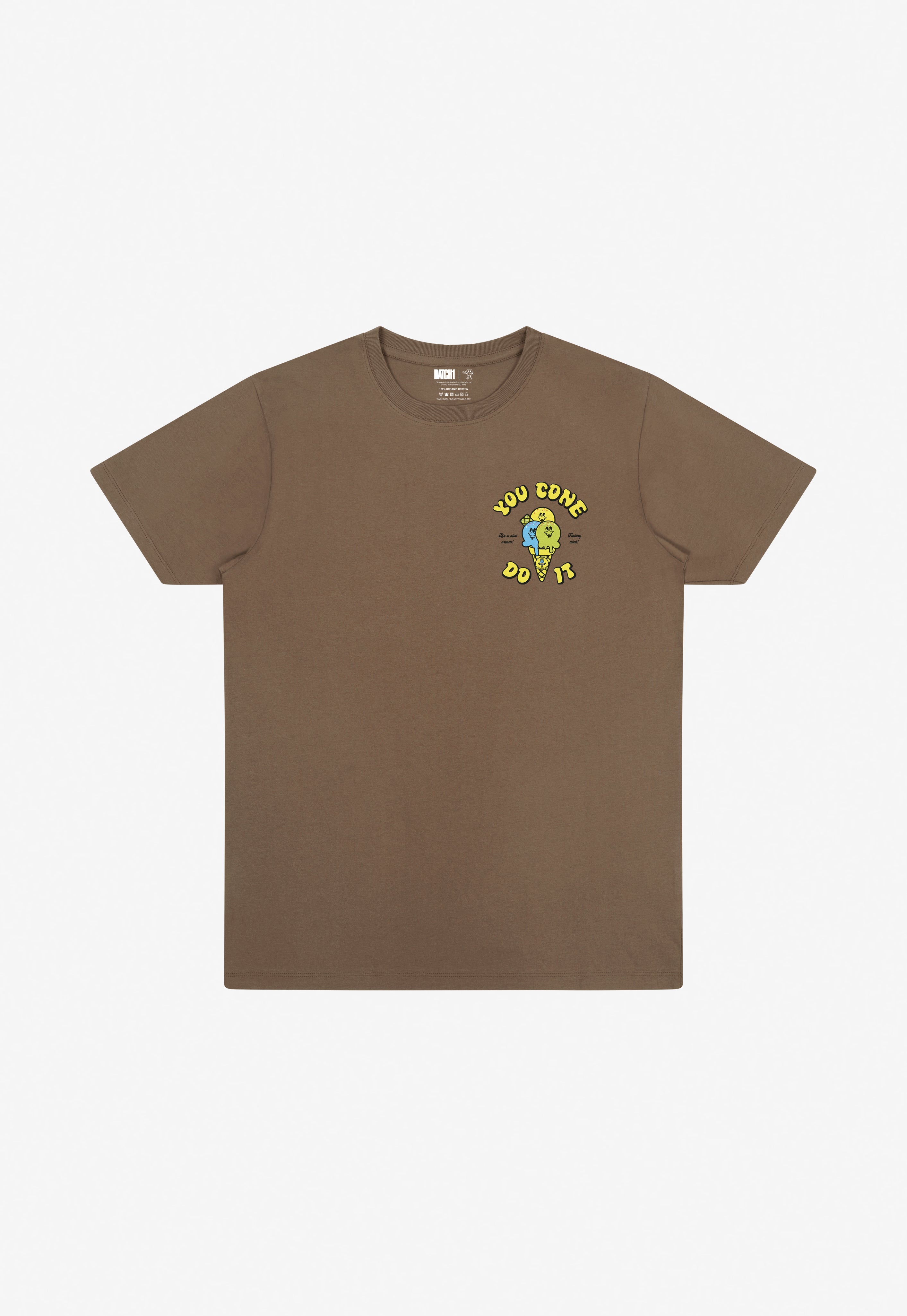 Brown t-shirt with an ice cream cone graphic design on a white background