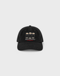 Absolute Genius Cord Cap in Black, front view with three pint characters, white lettering, cream details and red Stout Standing Flavour tagline