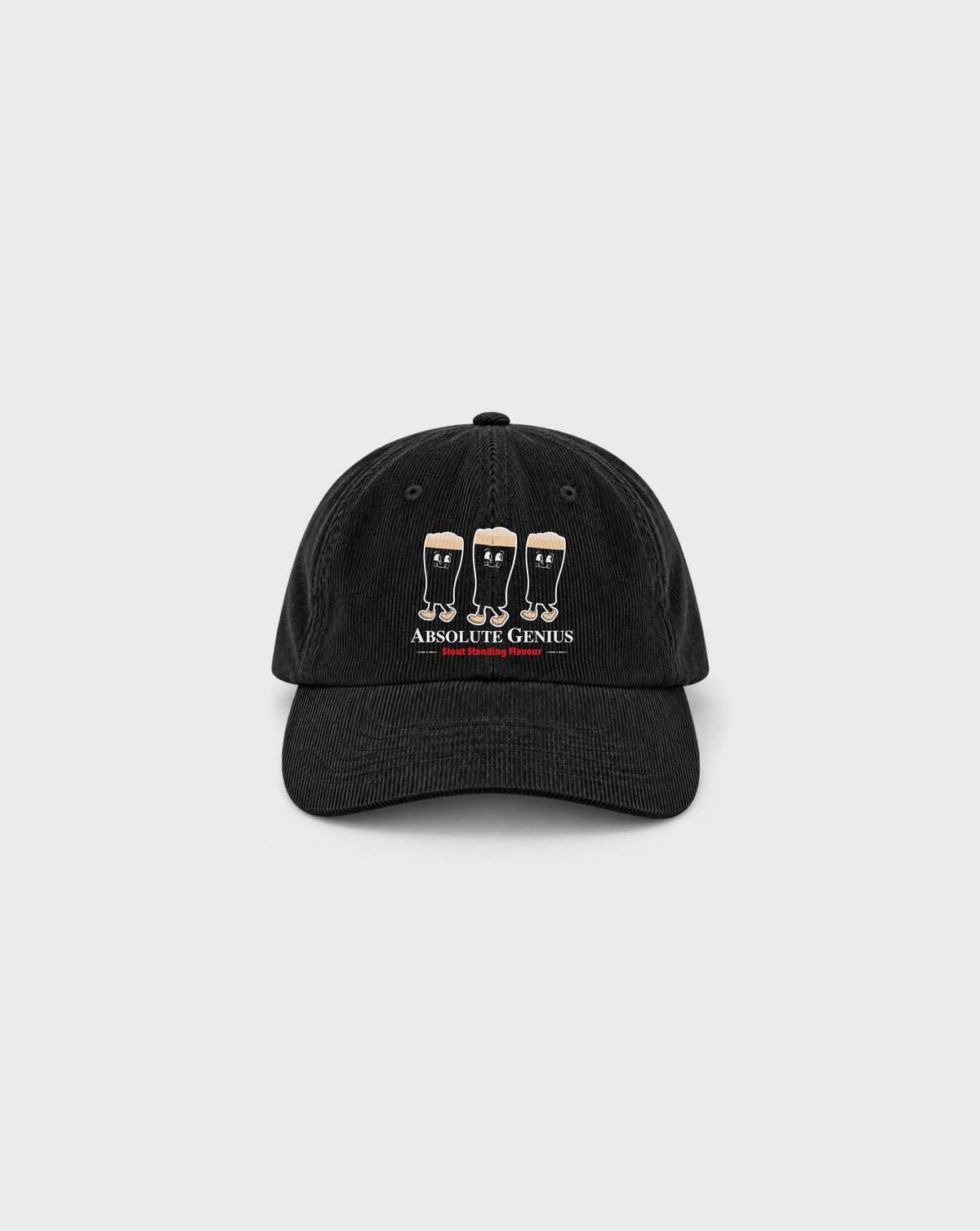 Absolute Genius Cord Cap in Black, front view with three pint characters, white lettering, cream details and red Stout Standing Flavour tagline