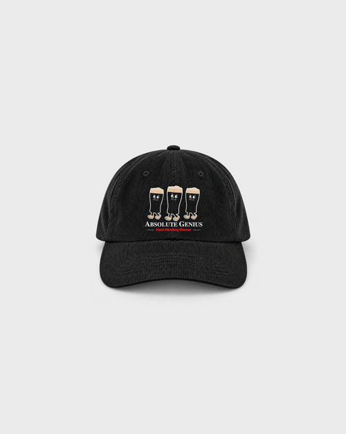Absolute Genius Cord Cap in Black, front view with three pint characters, white lettering, cream details and red Stout Standing Flavour tagline