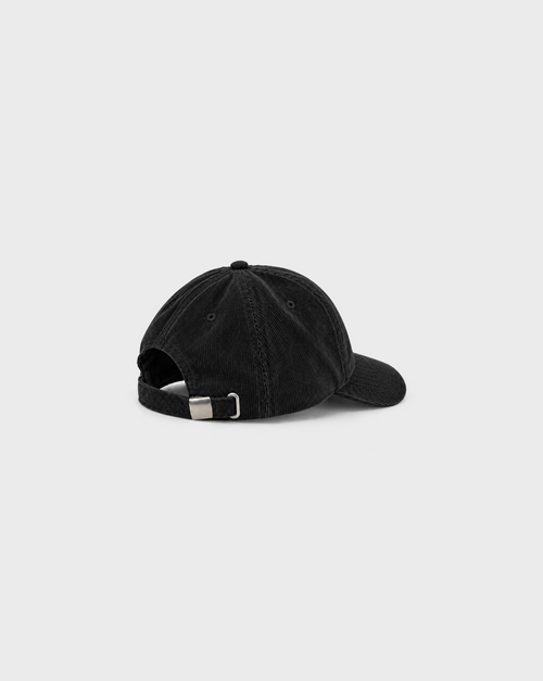 Absolute Genius Cord Cap in Black, unprinted side view showing cord texture and curved peak