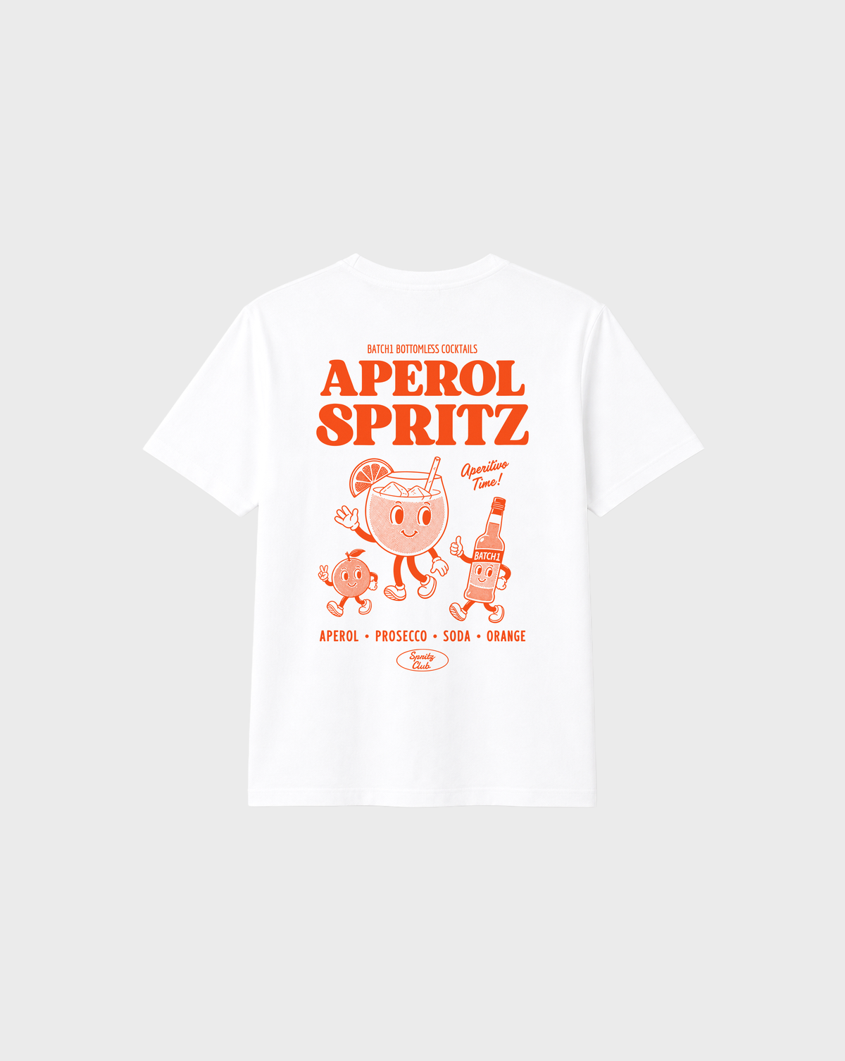 Aperol Spritz white T-shirt, back flat lay, showing the larger orange Aperol Spritz cocktail design on the back