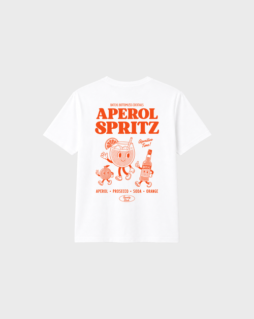 Aperol Spritz white T-shirt, back flat lay, showing the larger orange Aperol Spritz cocktail design on the back