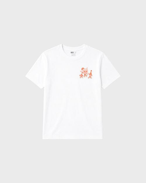 Aperol Spritz white T-shirt, front flat lay, showing a small orange cocktail character print on the left chest