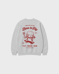 Back flat lay of the Born to Flip ash oversized sweatshirt with a large deep red skateboarding burger graphic and lettering.