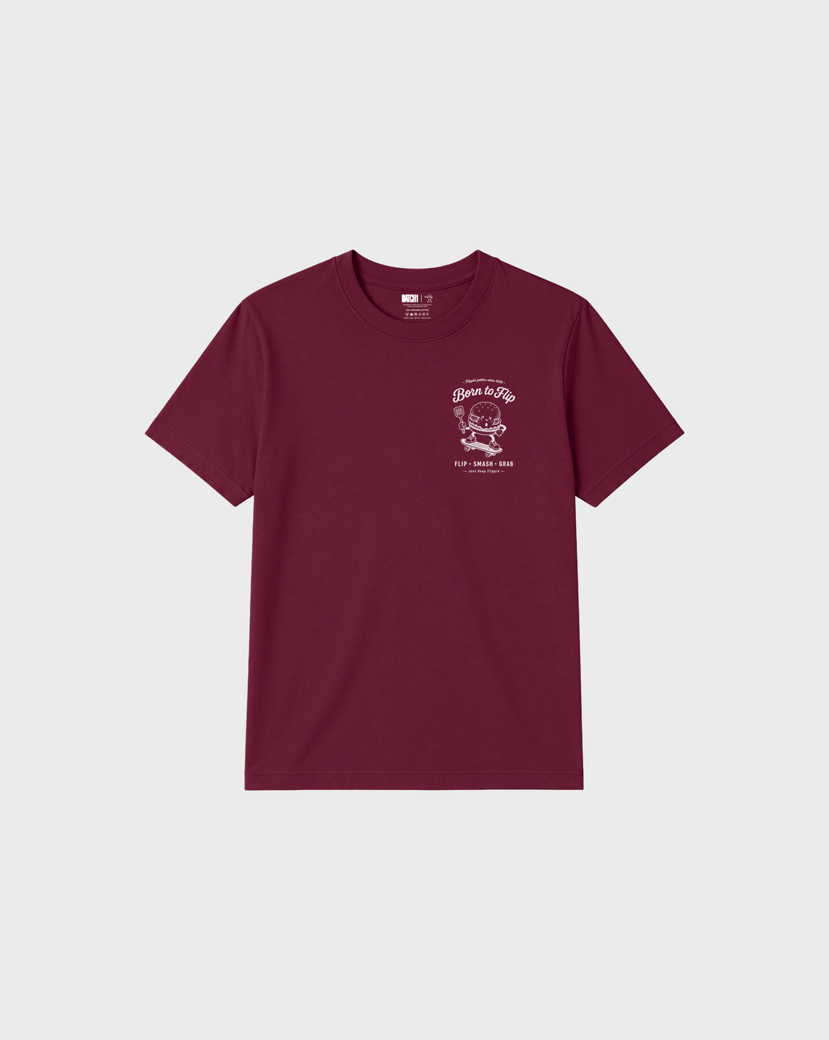 Front flat lay of the Born to Flip burgundy T-shirt with white burger artwork on the left chest.