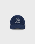 Brine and Dandy Cord Cap in Navy, front view with white sardine-tin character and Brine & Dandy lettering