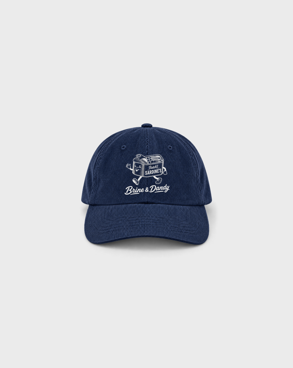 Brine and Dandy Cord Cap in Navy, front view with white sardine-tin character and Brine & Dandy lettering