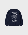Brine and Dandy navy sweatshirt, back flat lay, showing the larger white Brine and Dandy sardine design on the back