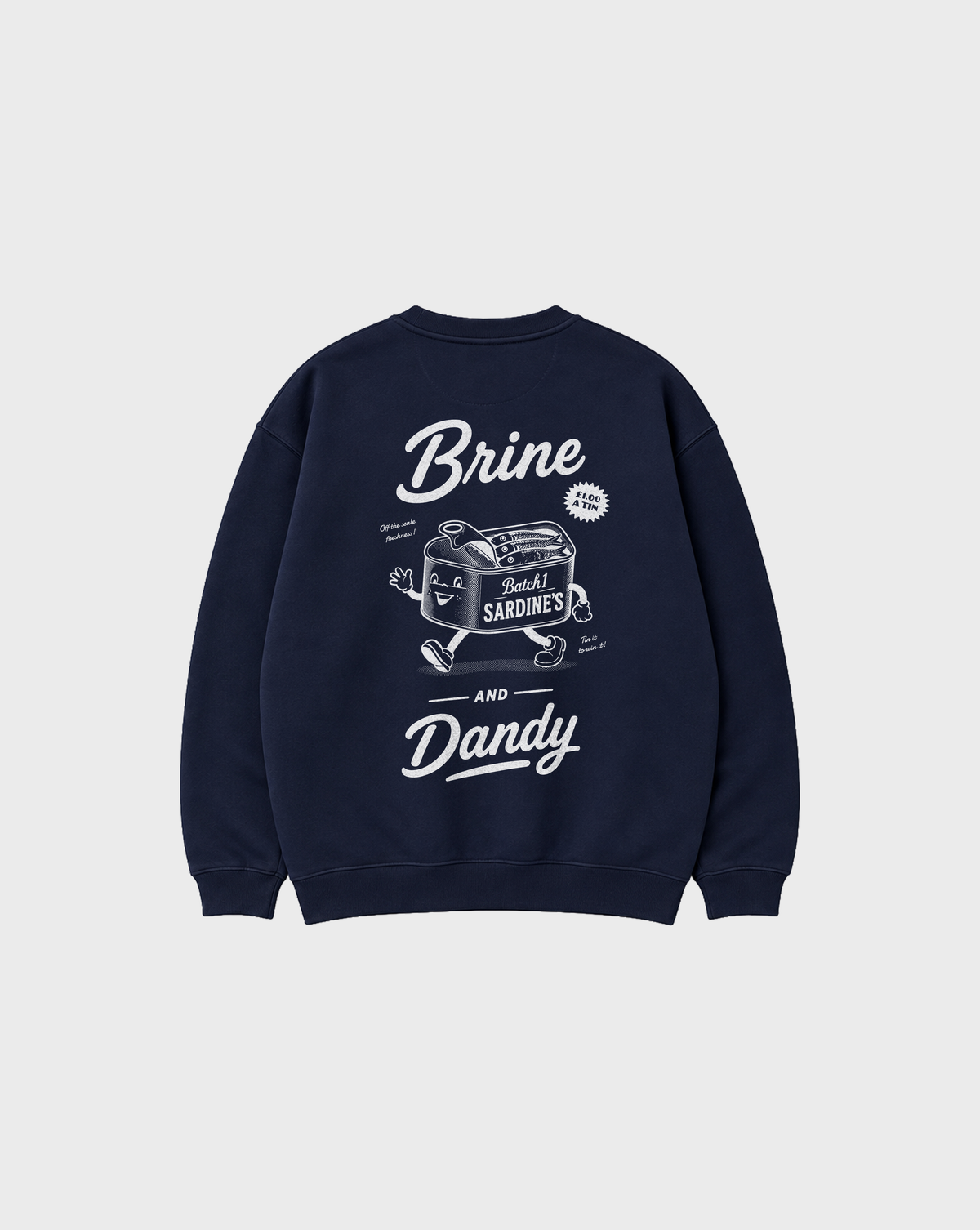 Brine and Dandy navy sweatshirt, back flat lay, showing the larger white Brine and Dandy sardine design on the back