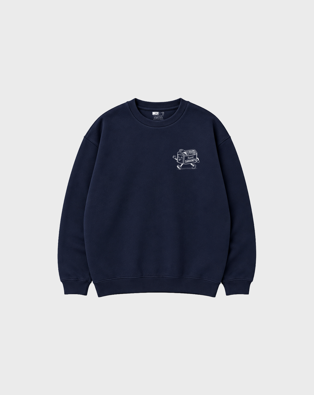 Brine and Dandy navy sweatshirt, front flat lay, showing a small white sardine-tin chest print