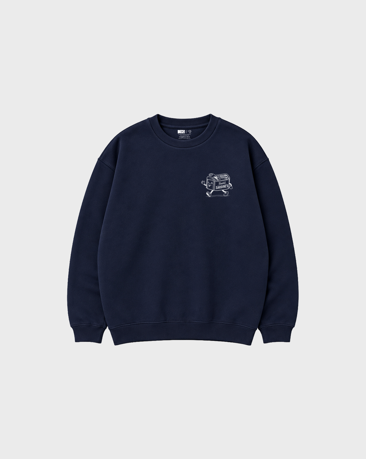 Brine and Dandy navy sweatshirt, front flat lay, showing a small white sardine-tin chest print