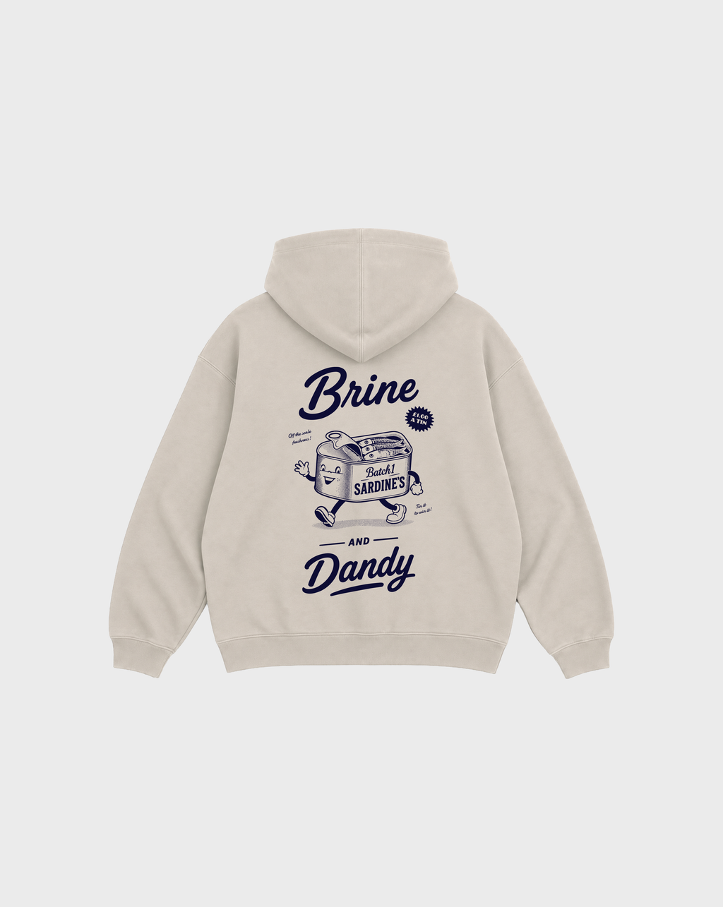 Brine and Dandy stone hoodie, back flat lay, showing the larger navy Brine and Dandy sardine design on the back