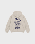 Brine and Dandy stone hoodie, back flat lay, showing the larger navy Brine and Dandy sardine design on the back