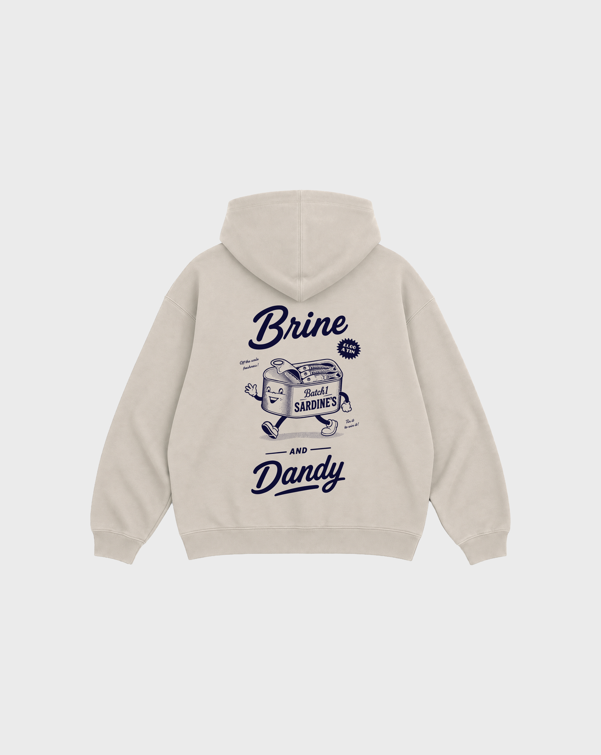 Brine and Dandy stone hoodie, back flat lay, showing the larger navy Brine and Dandy sardine design on the back