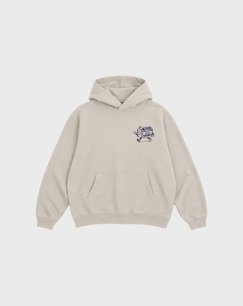 Brine and Dandy stone hoodie, front flat lay, showing a small navy sardine-tin chest print