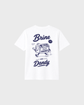 Brine and Dandy white T-shirt, back flat lay, showing the larger navy Brine and Dandy sardine design on the back