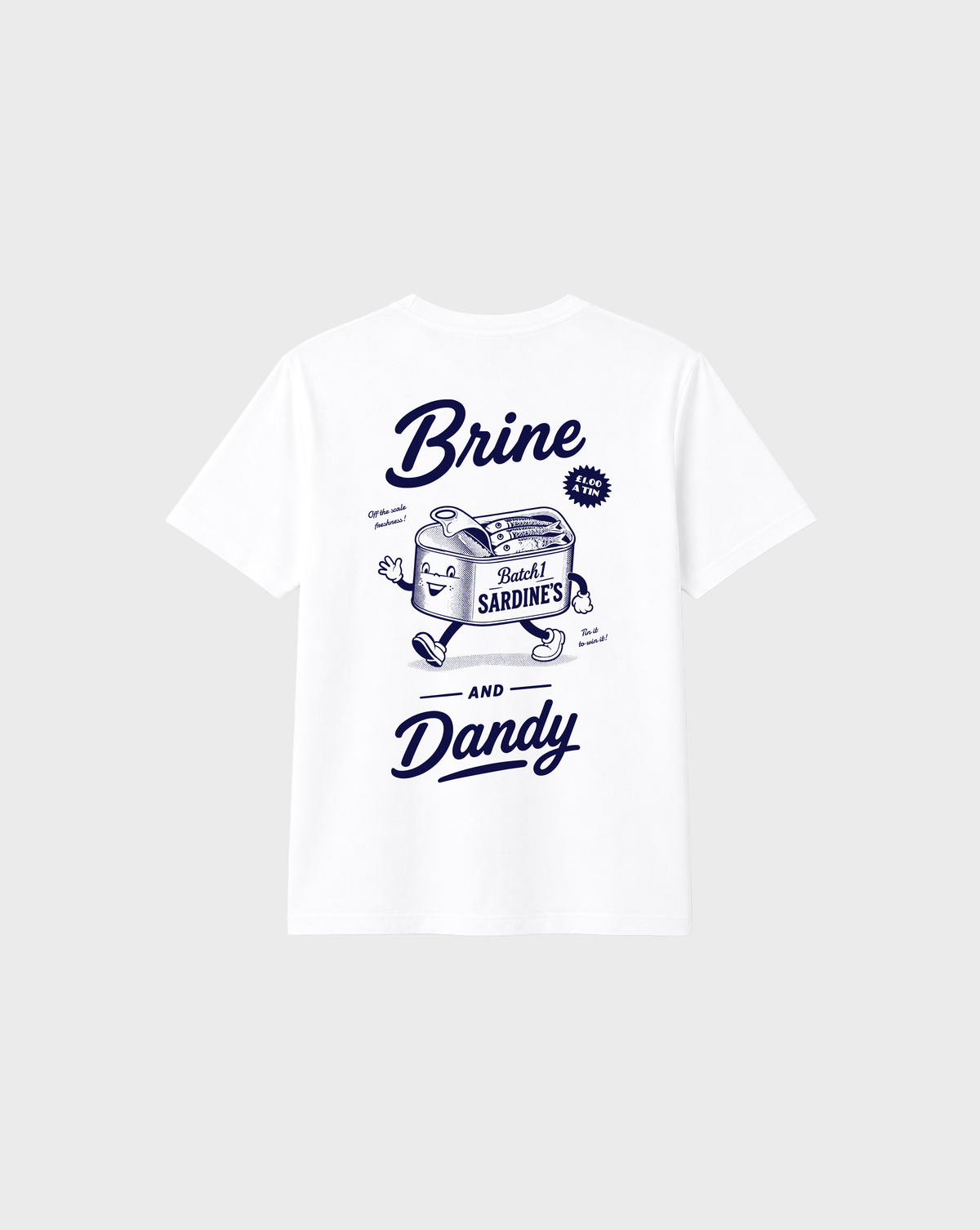 Brine and Dandy white T-shirt, back flat lay, showing the larger navy Brine and Dandy sardine design on the back