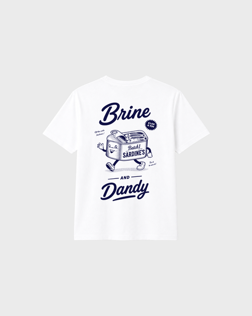 Brine and Dandy white T-shirt, back flat lay, showing the larger navy Brine and Dandy sardine design on the back