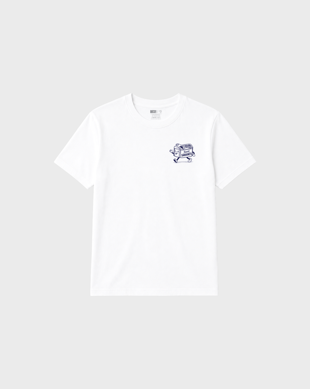 Brine and Dandy white T-shirt, front flat lay, showing a small navy sardine-tin chest print