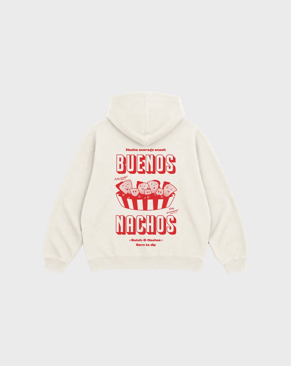 Back flat lay of the Buenos Nachos ivory oversized hoodie, showing the large red nacho illustration and Buenos Nachos lettering on the back.