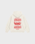 Back flat lay of the Buenos Nachos ivory oversized hoodie, showing the large red nacho illustration and Buenos Nachos lettering on the back.