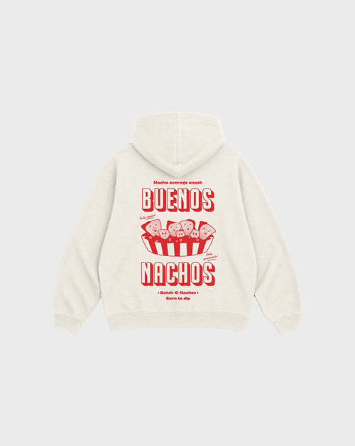 Back flat lay of the Buenos Nachos ivory oversized hoodie, showing the large red nacho illustration and Buenos Nachos lettering on the back.