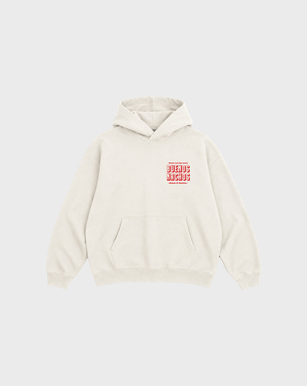 Front flat lay of the Buenos Nachos ivory oversized hoodie, showing the small red lettering on the left chest.