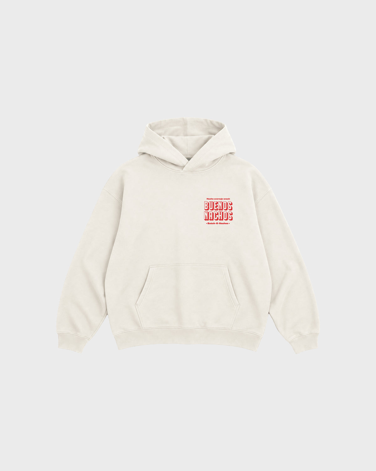 Front flat lay of the Buenos Nachos ivory oversized hoodie, showing the small red lettering on the left chest.