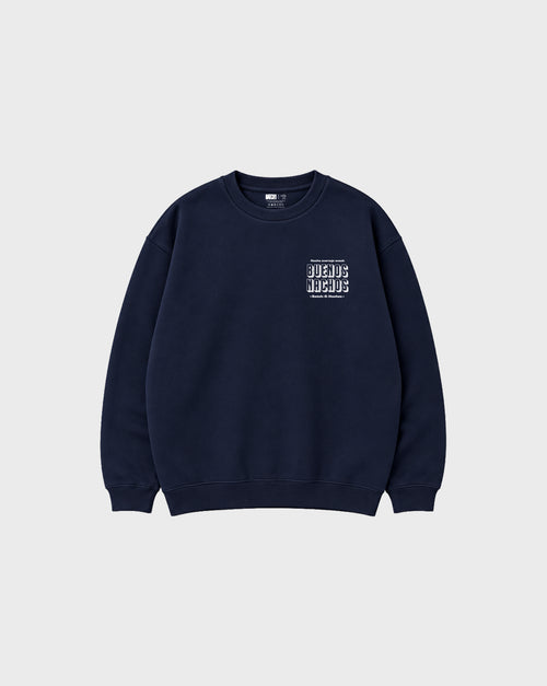 Front flat lay of the Buenos Nachos navy oversized sweatshirt, showing the small white lettering on the left chest.