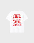 Back flat lay of the Buenos Nachos white T-shirt, showing the large red nacho illustration and Buenos Nachos lettering on the back.