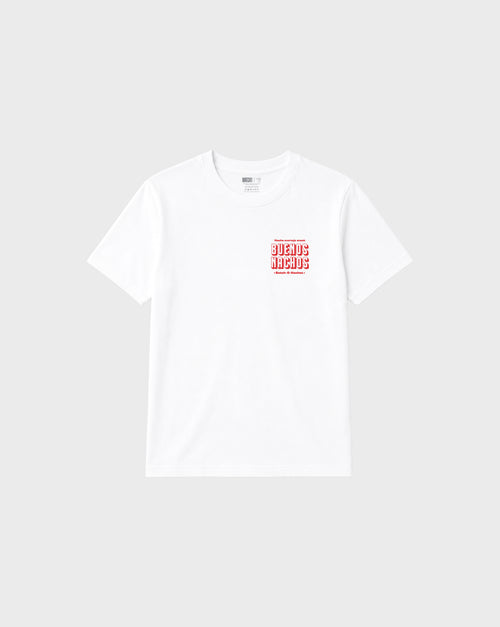 Front flat lay of the Buenos Nachos white T-shirt, showing the small red lettering on the left chest.