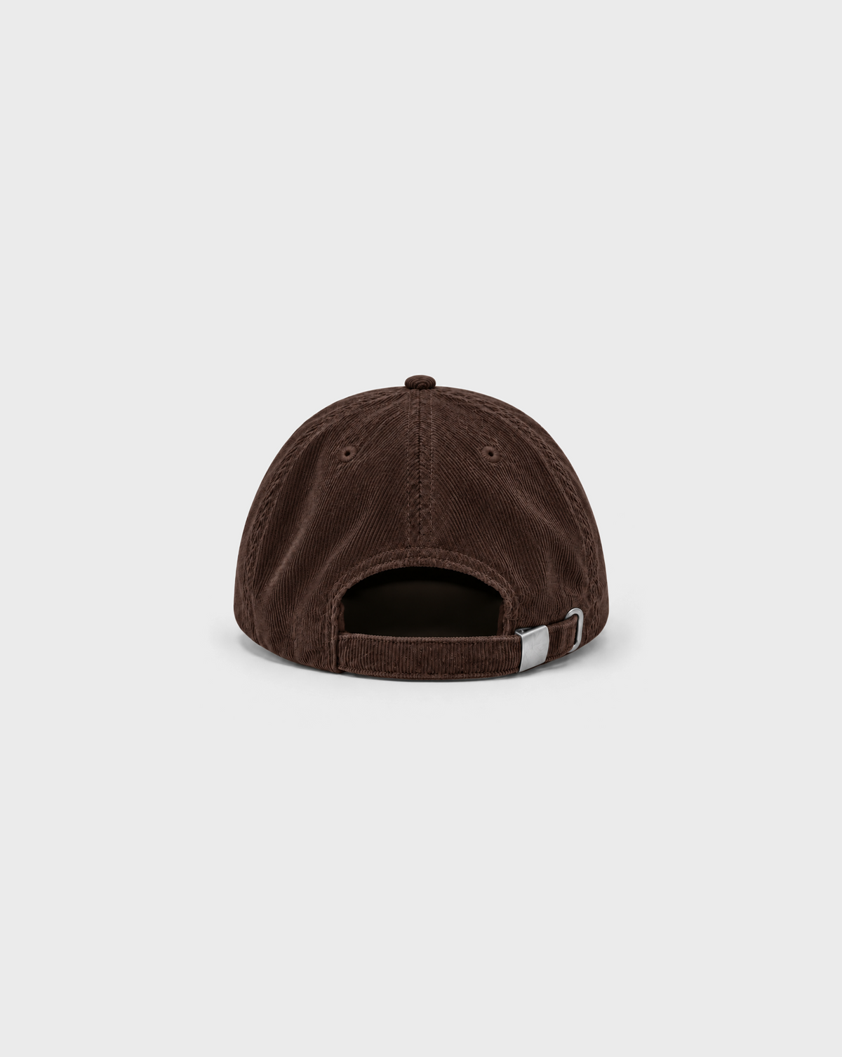 Daily Grind Cord Cap in Brown, back view showing the adjustable strap and metal buckle.