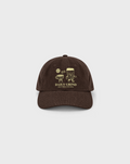 Daily Grind Cord Cap in Brown, front view with pale yellow coffee cup print on natural corduroy.