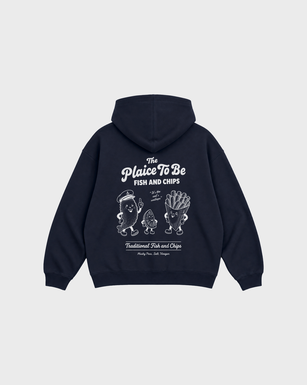 Navy Fish and Chips The Plaice To Be hoodie, back flat lay with white large back graphic