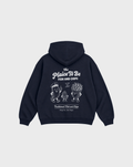Navy Fish and Chips The Plaice To Be hoodie, back flat lay with white large back graphic