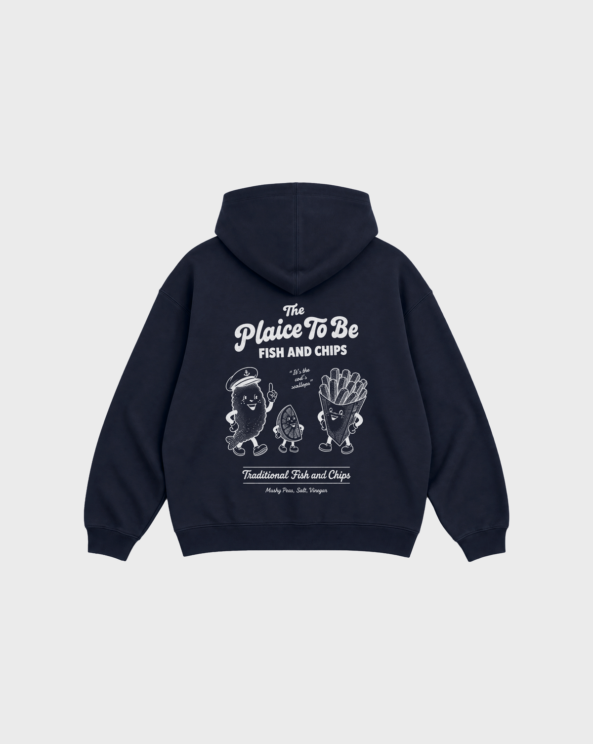 Navy Fish and Chips The Plaice To Be hoodie, back flat lay with white large back graphic