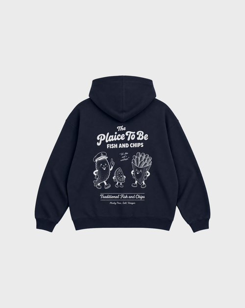 Navy Fish and Chips The Plaice To Be hoodie, back flat lay with white large back graphic