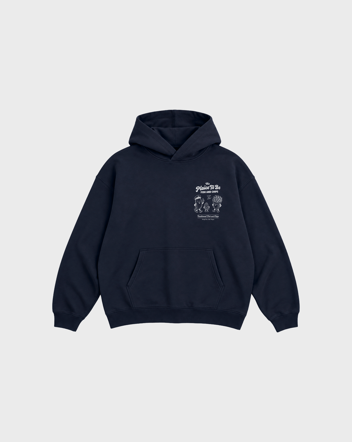 Navy Fish and Chips The Plaice To Be hoodie, front flat lay with white small left-chest graphic