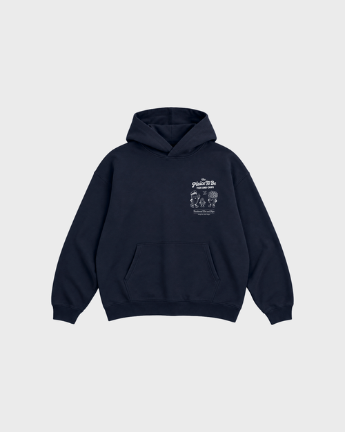 Navy Fish and Chips The Plaice To Be hoodie, front flat lay with white small left-chest graphic