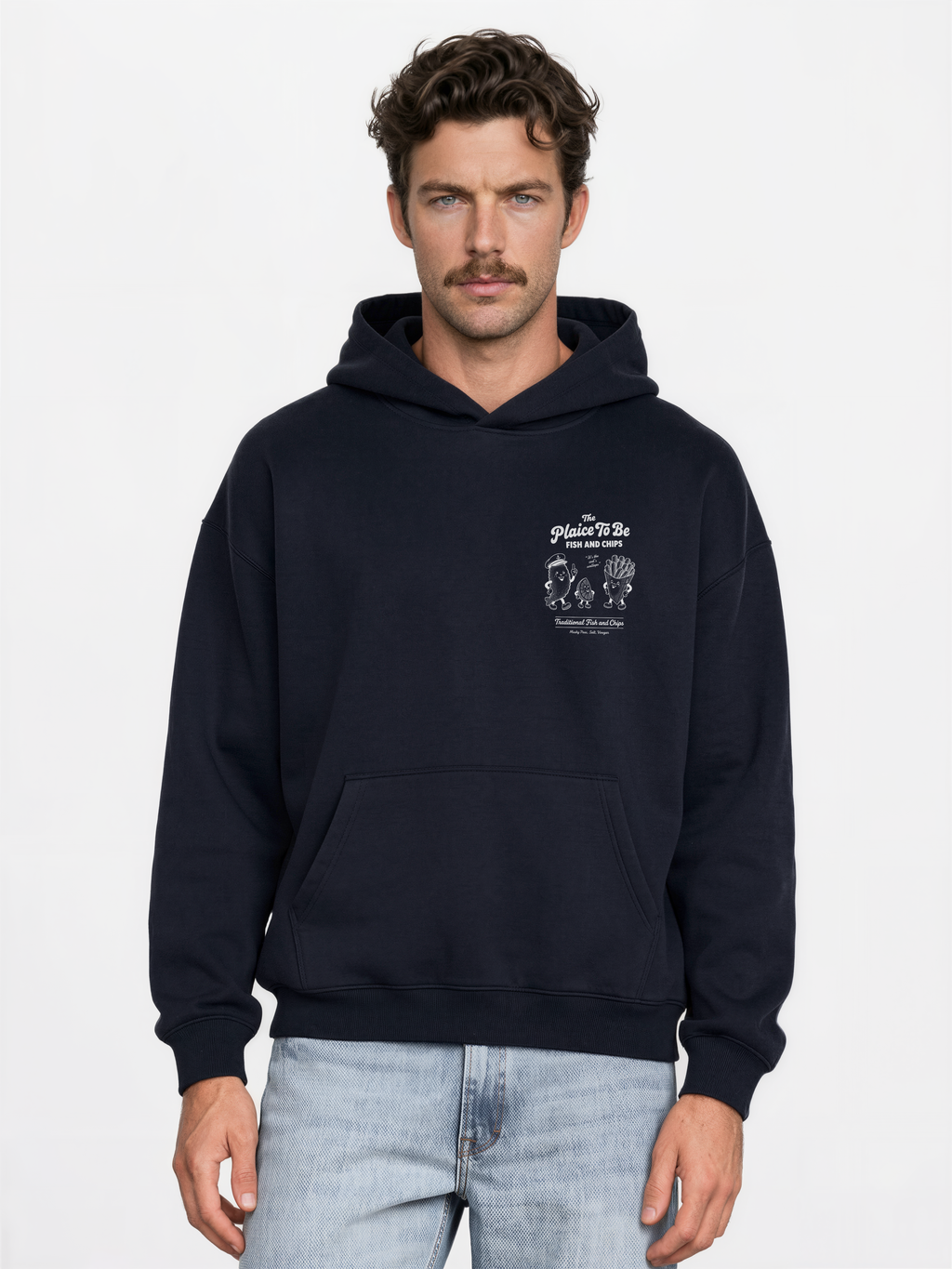 Navy Fish and Chips The Plaice To Be hoodie, male model front view with white small left-chest graphic
