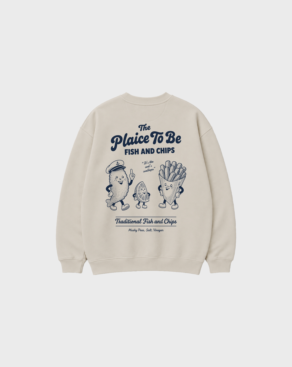 Stone Fish and Chips The Plaice To Be sweatshirt, back flat lay with navy large back graphic