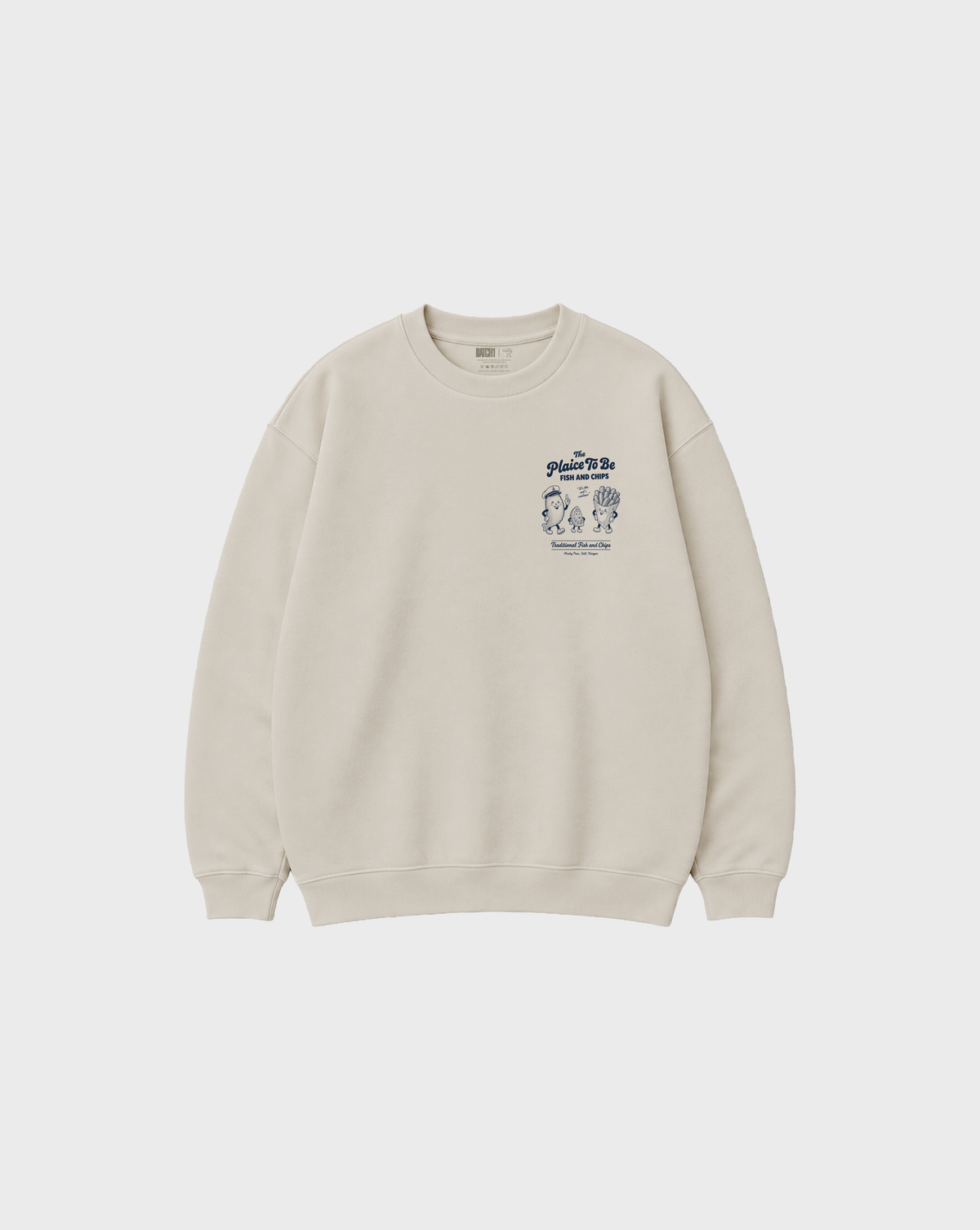 Stone Fish and Chips The Plaice To Be sweatshirt, front flat lay with navy small left-chest graphic