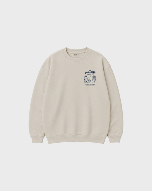 Stone Fish and Chips The Plaice To Be sweatshirt, front flat lay with navy small left-chest graphic