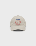 Fish and Chips Vintage Dad Cap in Washed Ivory, front view with red fish, chips and lemon characters and blue The Plaice To Be lettering